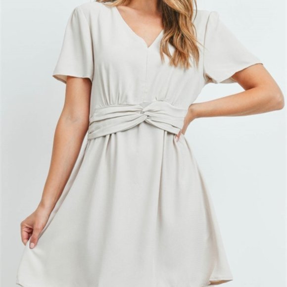 Entro V Neck Front Twist Lightweight Short Sleeve Mini Dress Beige L - Picture 2 of 4